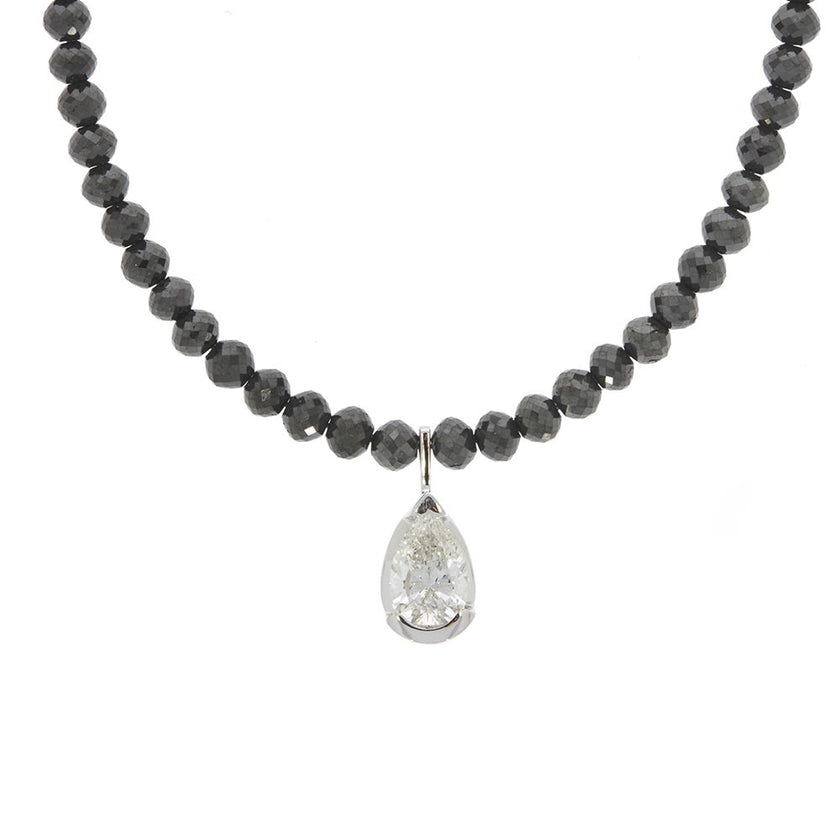 14K White Gold And Teardrop Diamond And Black Bead Diamond Necklace