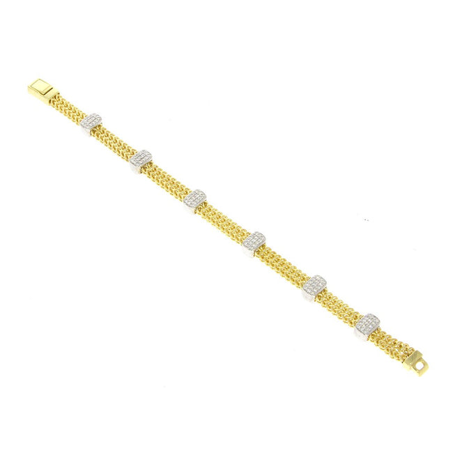 14K Yellow Gold Two Strand Rope Style Bracelet with  Pave' Set Diamond Accents in Bezel Style 14K White Gold Rectangular Stations.