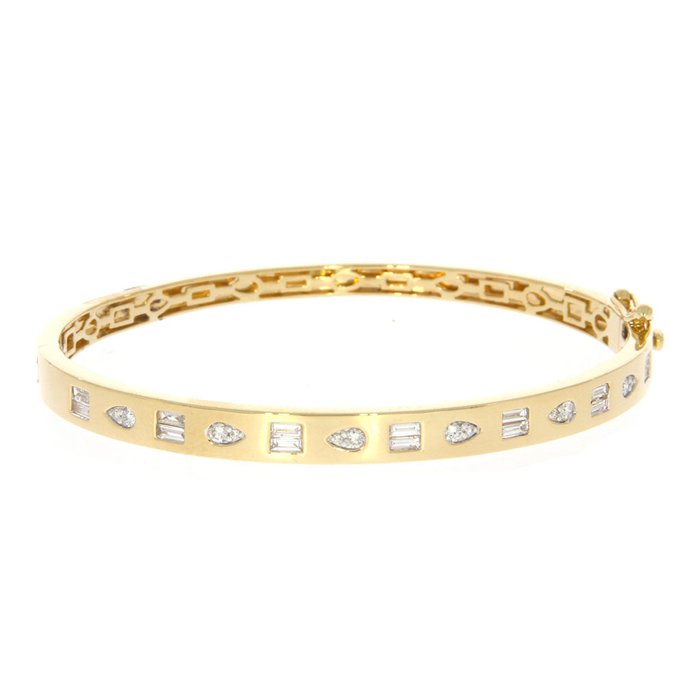 14K Yellow Gold and Flush Set Baguette and Pear Shape Diamond Bangle Bracelet