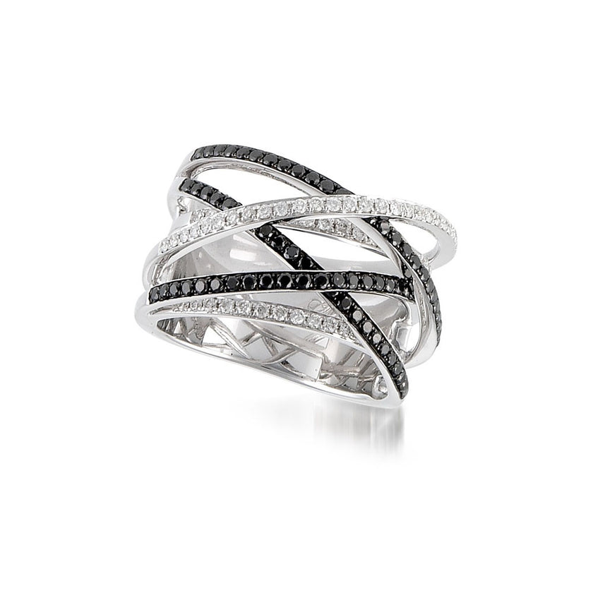 18K White Gold Criss Cross Ring with Black and White Diamonds