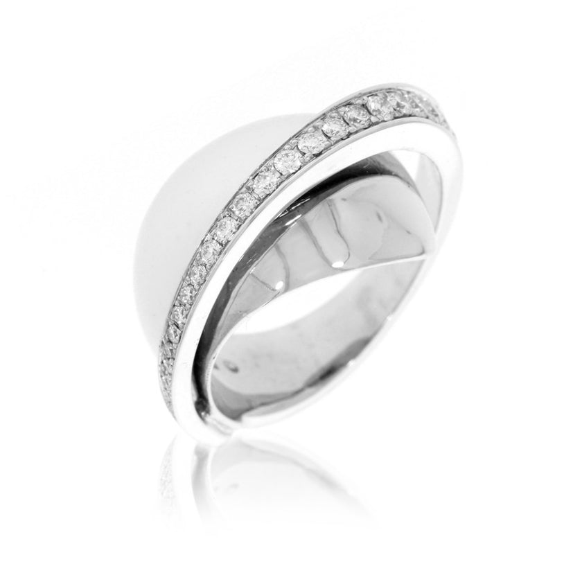 18K White Gold Domed Ring With Cascading Diamond Accents