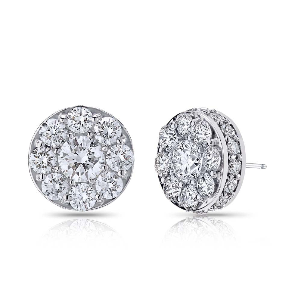 18K Palladium White Gold Ladies Diamond Cluster Earrings With Shared Prong Set Round Cut Diamond Accents