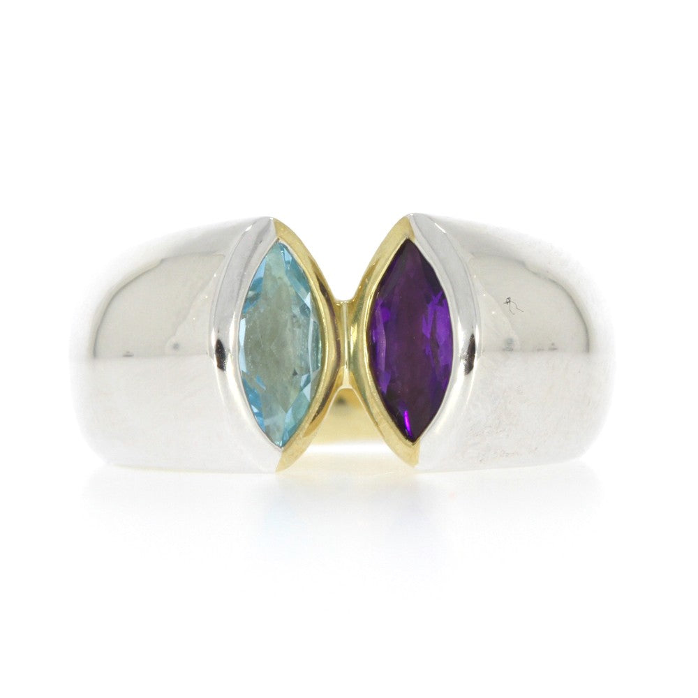 Sterling Silver Ring with Yellow Gold Overlay Interior and Bezel Set Marquise Amethyst and Bezel Set Marquise Blue Topaz