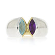 Sterling Silver Ring with Yellow Gold Overlay Interior and Bezel Set Marquise Amethyst and Bezel Set Marquise Blue Topaz