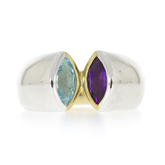 Sterling Silver Ring with Yellow Gold Overlay Interior and Bezel Set Marquise Amethyst and Bezel Set Marquise Blue Topaz