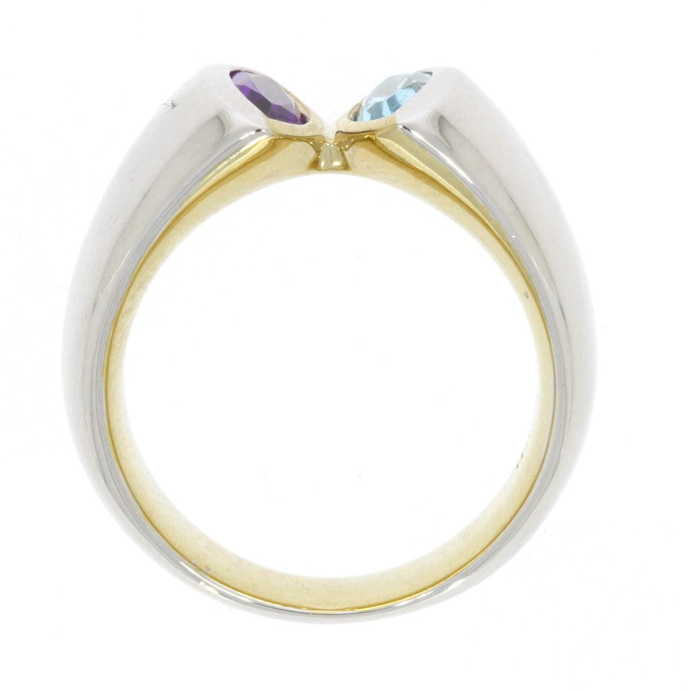 Sterling Silver Ring with Yellow Gold Overlay Interior and Bezel Set Marquise Amethyst and Bezel Set Marquise Blue Topaz