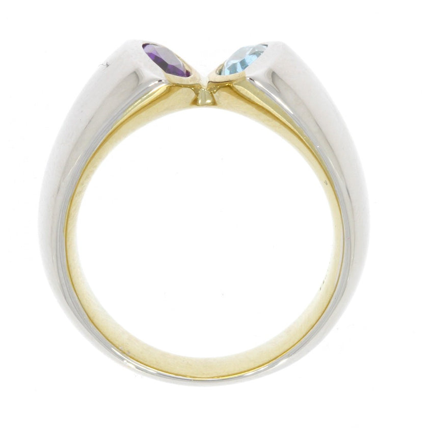 Sterling Silver Ring with Yellow Gold Overlay Interior and Bezel Set Marquise Amethyst and Bezel Set Marquise Blue Topaz