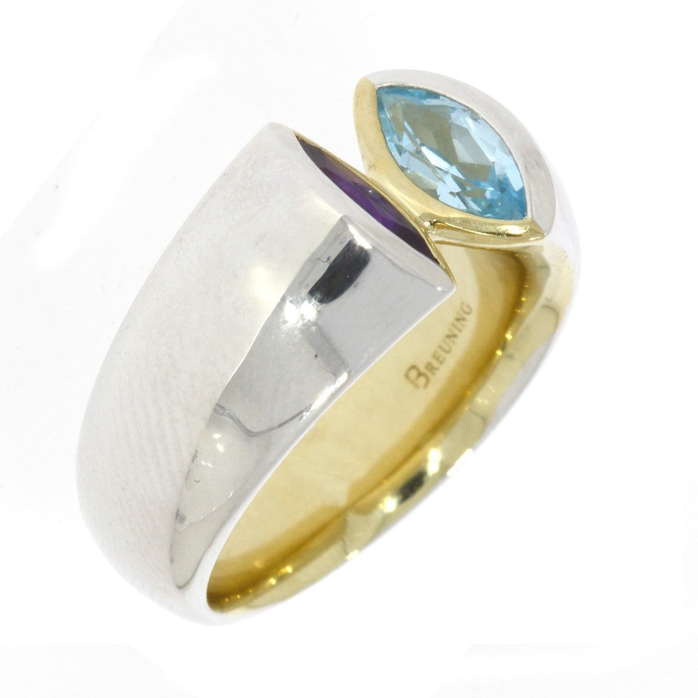 Sterling Silver Ring with Yellow Gold Overlay Interior and Bezel Set Marquise Amethyst and Bezel Set Marquise Blue Topaz