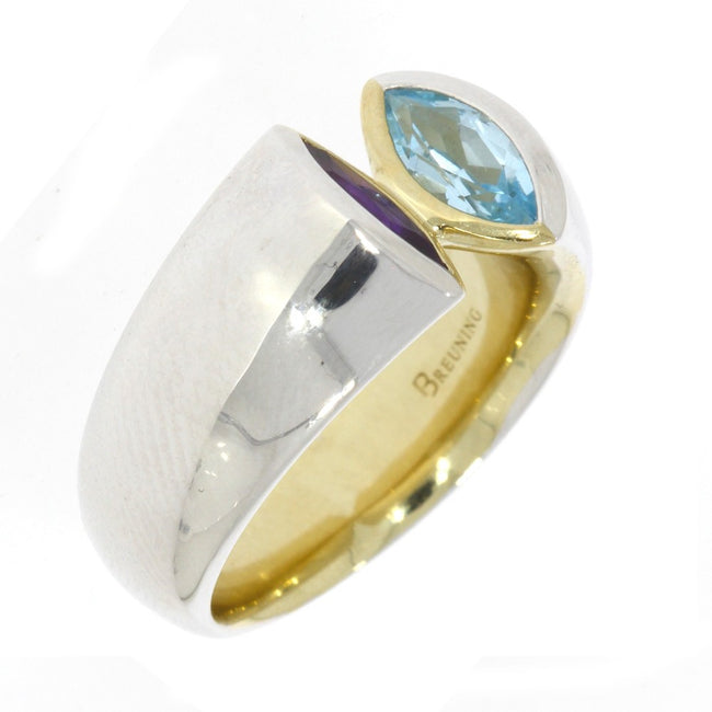 Sterling Silver Ring with Yellow Gold Overlay Interior and Bezel Set Marquise Amethyst and Bezel Set Marquise Blue Topaz