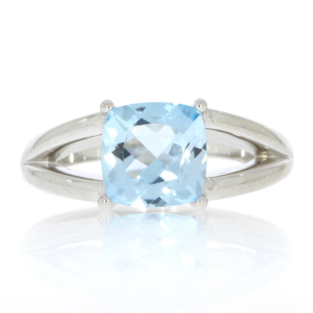 Sterling Silver Split Shank Ring with Four-Prong Set Cushion Cut Blue Topaz