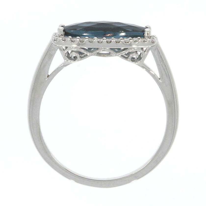 14K White Gold, London Blue Topaz, and Diamond Halo Ring