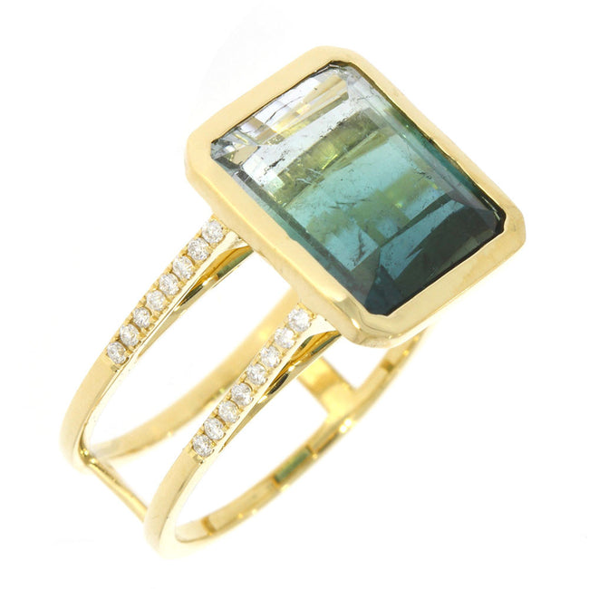 18K Yellow Gold And Diamond Split Shank Ring With 7.39 Carat Tri Color Emerald Cut Green Tourmaline