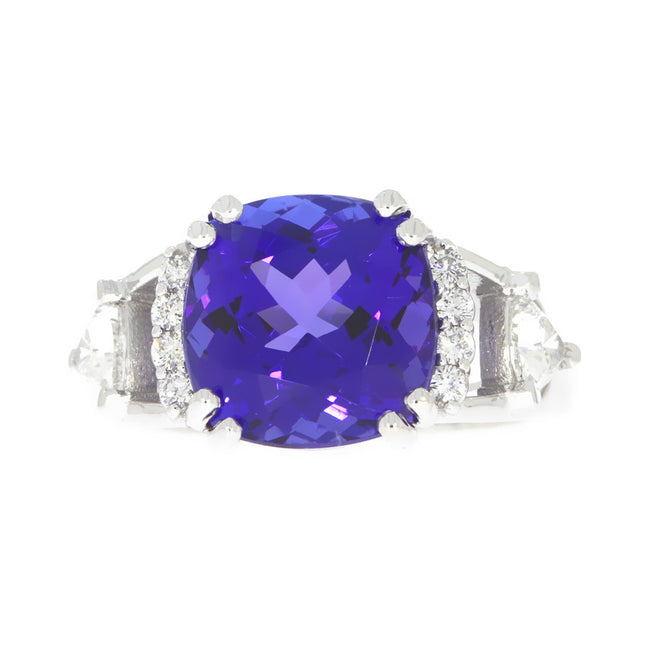 18K White Gold Cushion Brilliant Tanzanite and Diamond Ring