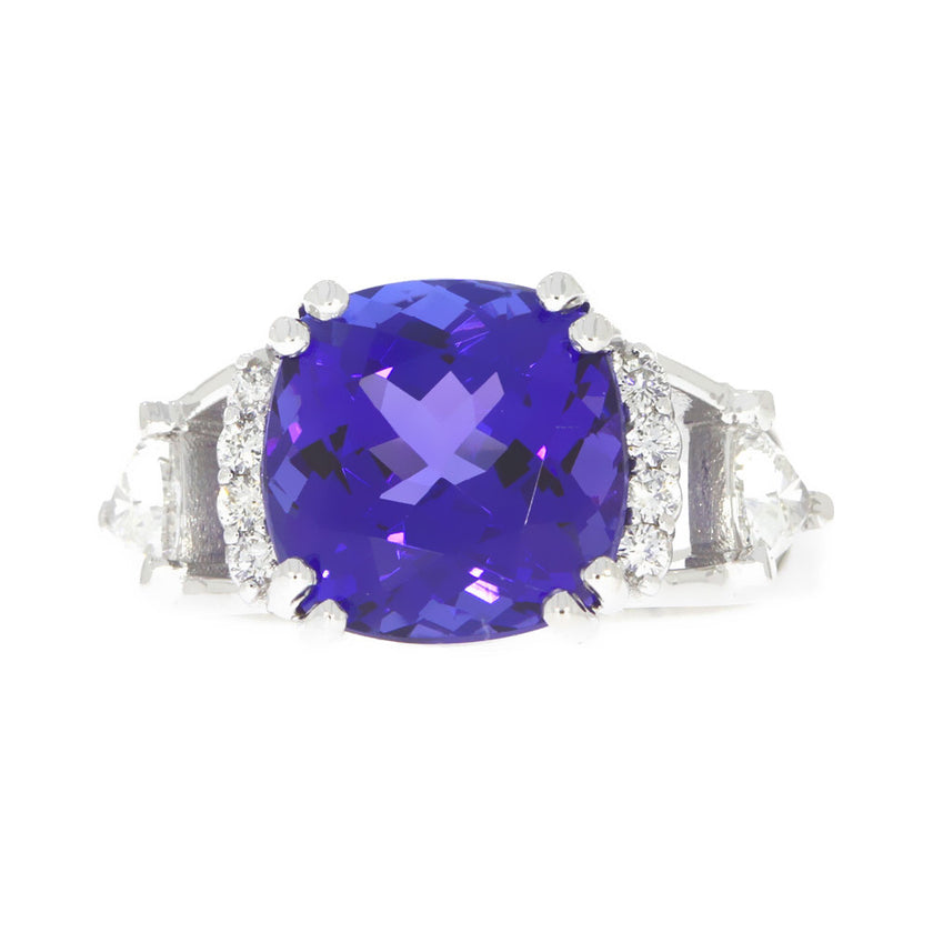 18K White Gold Cushion Brilliant Tanzanite and Diamond Ring