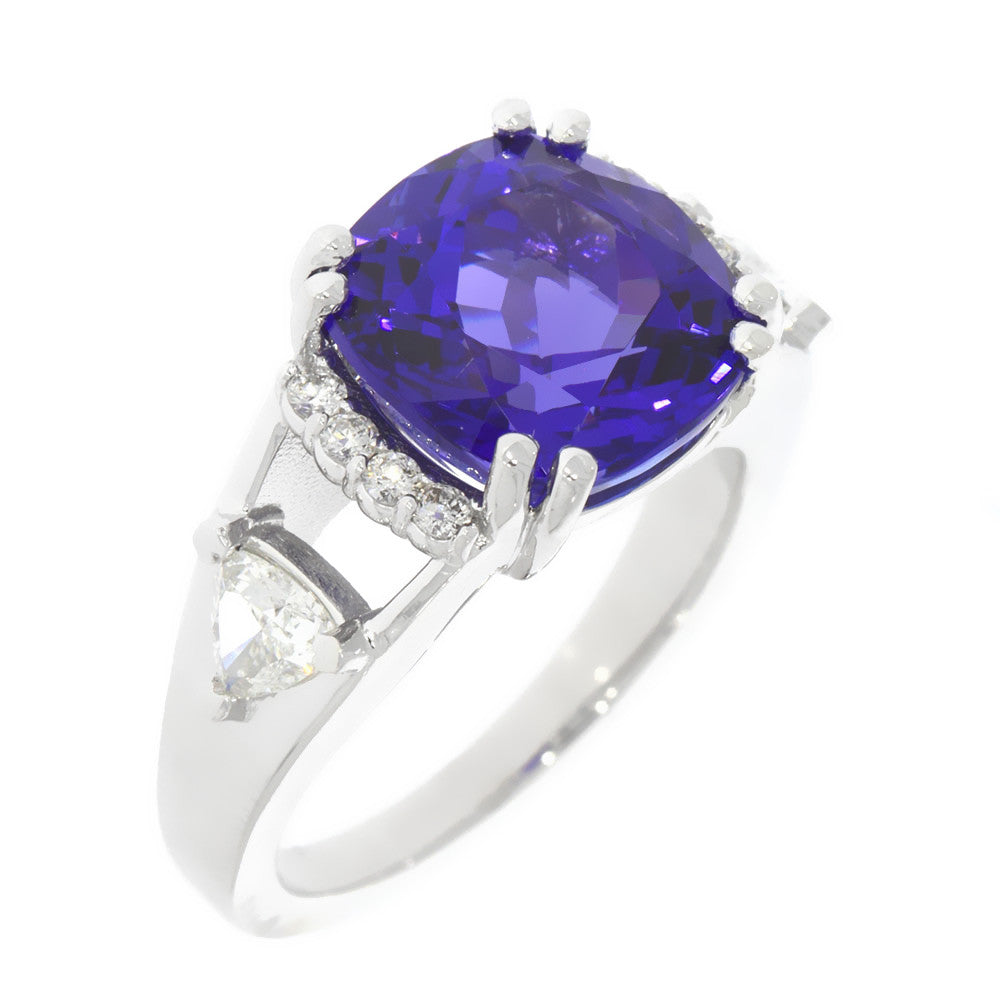 18K White Gold Cushion Brilliant Tanzanite and Diamond Ring