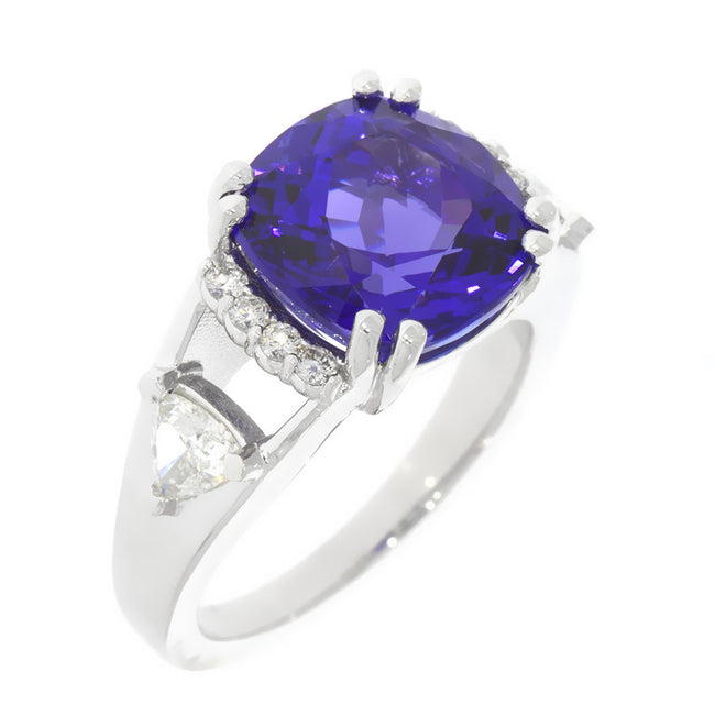 18K White Gold Cushion Brilliant Tanzanite and Diamond Ring
