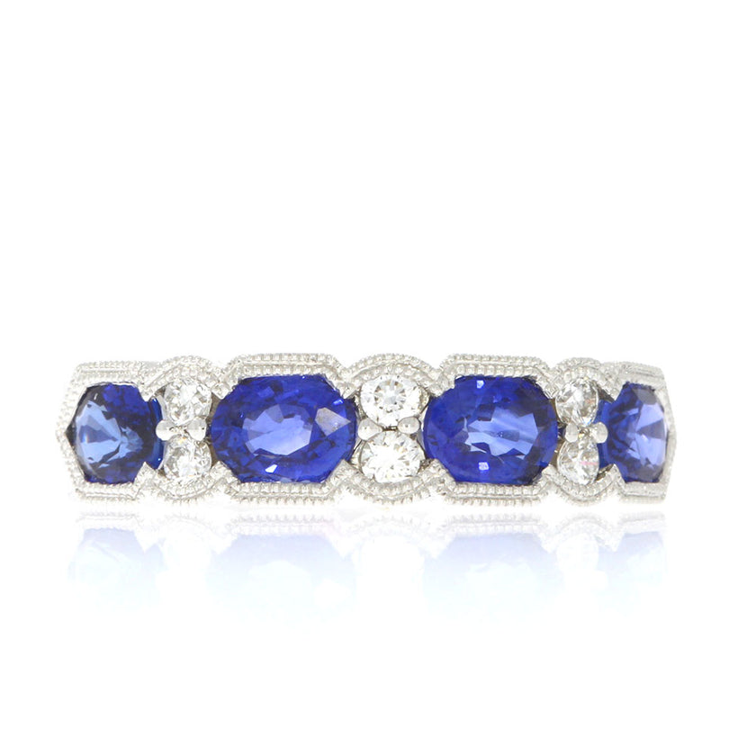 14K White Gold Alternating Blue Sapphire and Diamond Ring