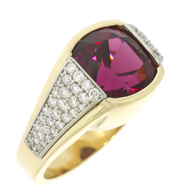 14 Karat Yellow And White Gold Contemporary Cathedral Style Ring With Cushion Cut Rhodolite Garnet
