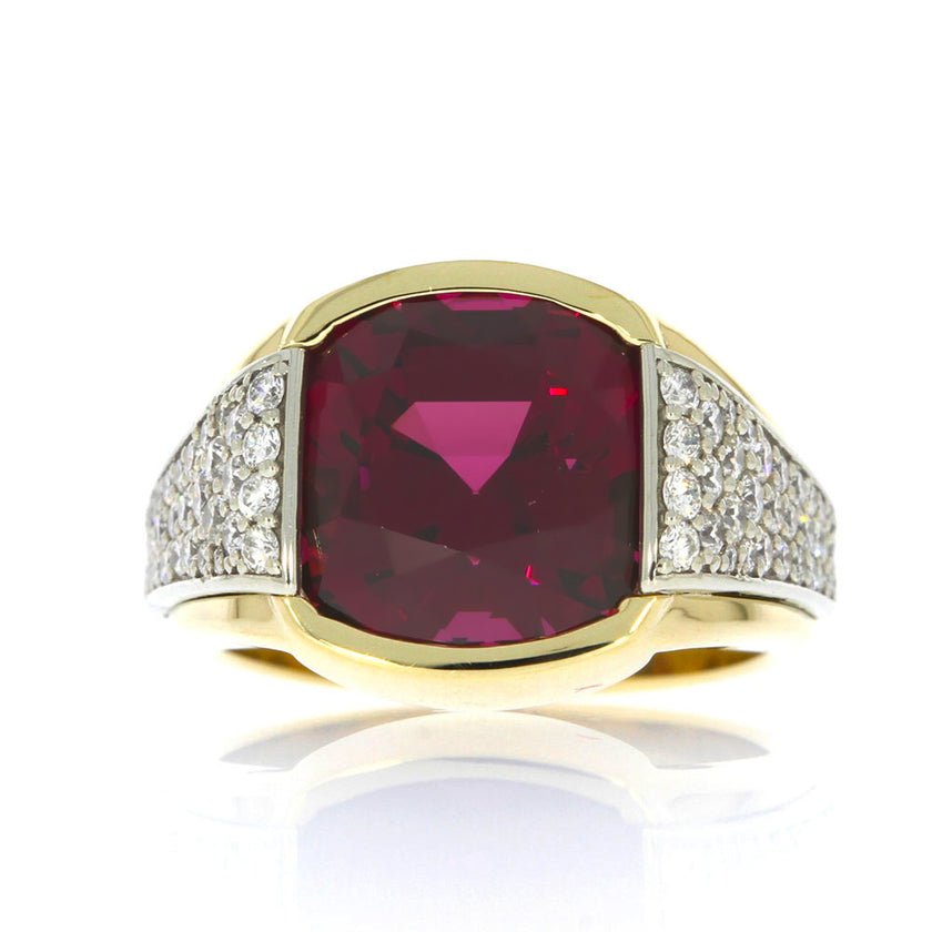 14 Karat Yellow And White Gold Contemporary Cathedral Style Ring With Cushion Cut Rhodolite Garnet
