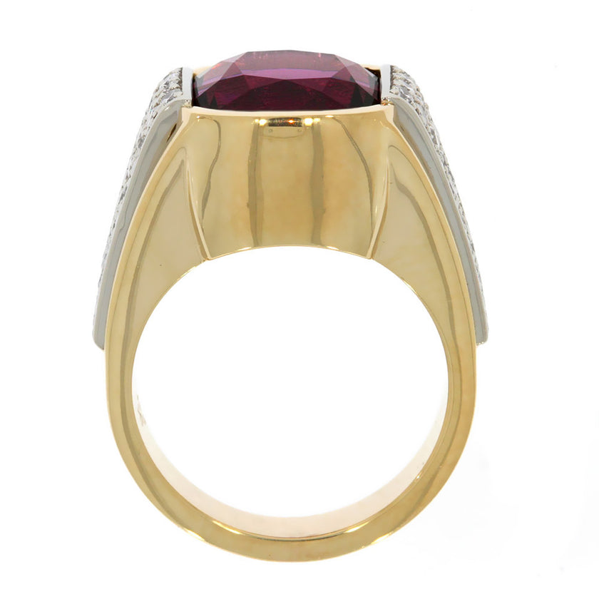 14 Karat Yellow And White Gold Contemporary Cathedral Style Ring With Cushion Cut Rhodolite Garnet