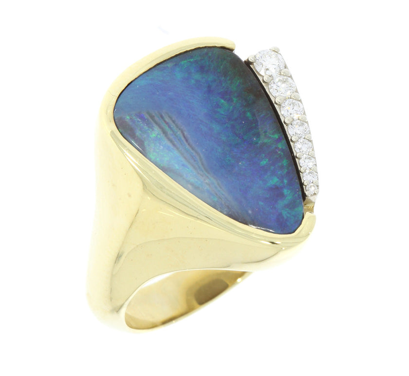 18 Karat Yellow Gold and Triangle Boulder Opal and Round Brilliant Cut Diamonds Woman's Ring