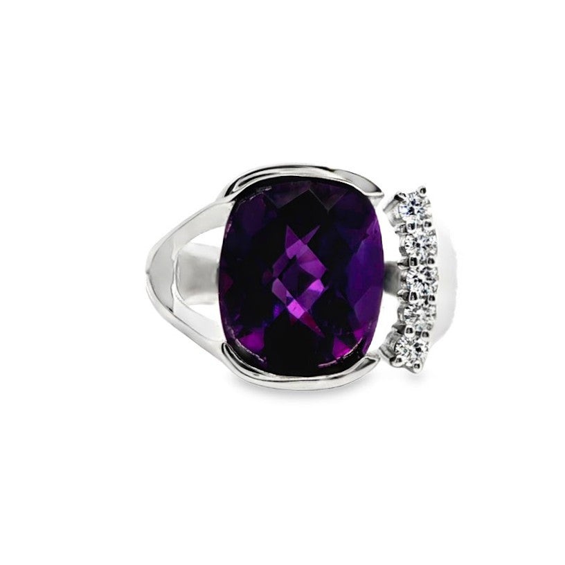 14 Karat White Gold Ring with Cushion Checkerboard Amethyst In Partial Bezel And Prong Set Diamond Accents
