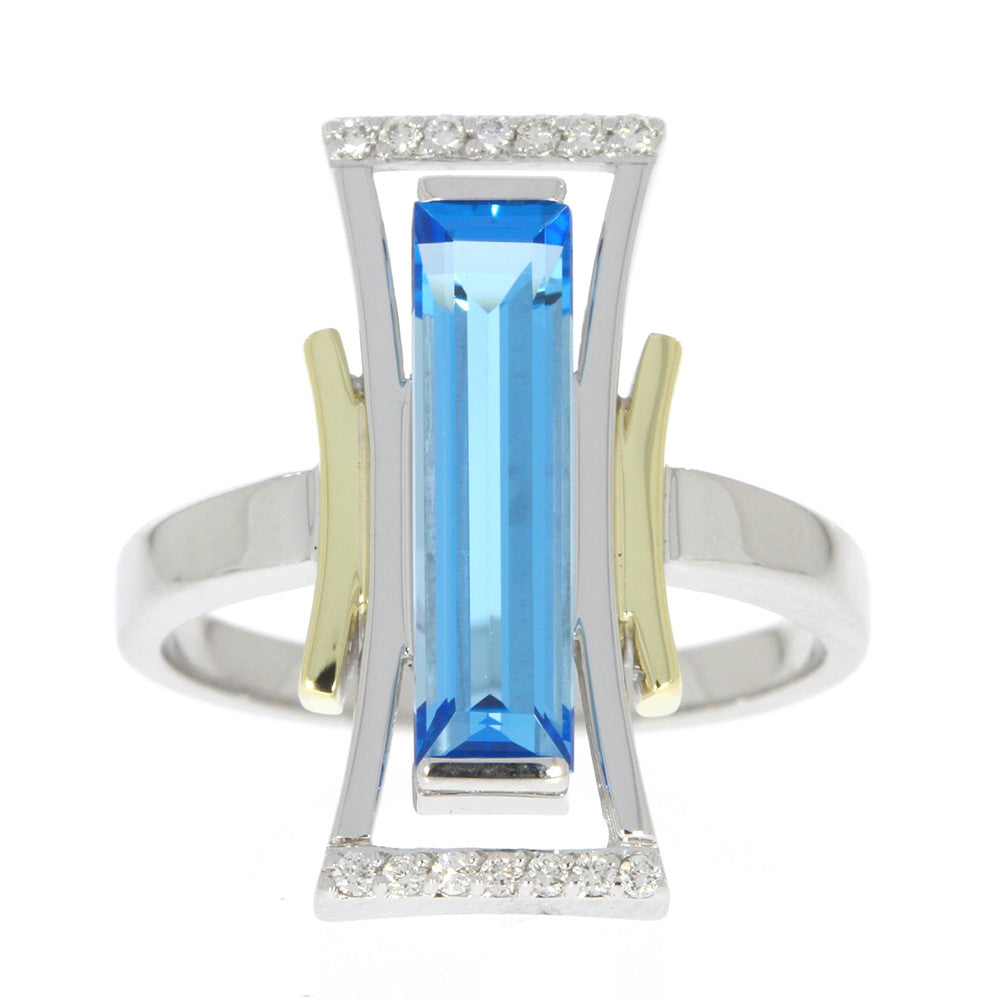 14K White and Yellow Gold Emerald Cut Blue Topaz Ring, and Prong Set Diamond Accents