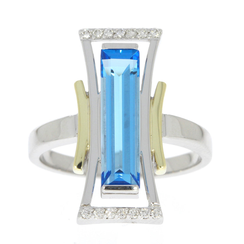 14K White and Yellow Gold Emerald Cut Blue Topaz Ring, and Prong Set Diamond Accents
