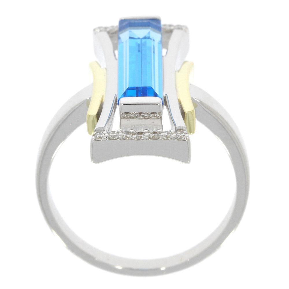 14K White and Yellow Gold Emerald Cut Blue Topaz Ring, and Prong Set Diamond Accents