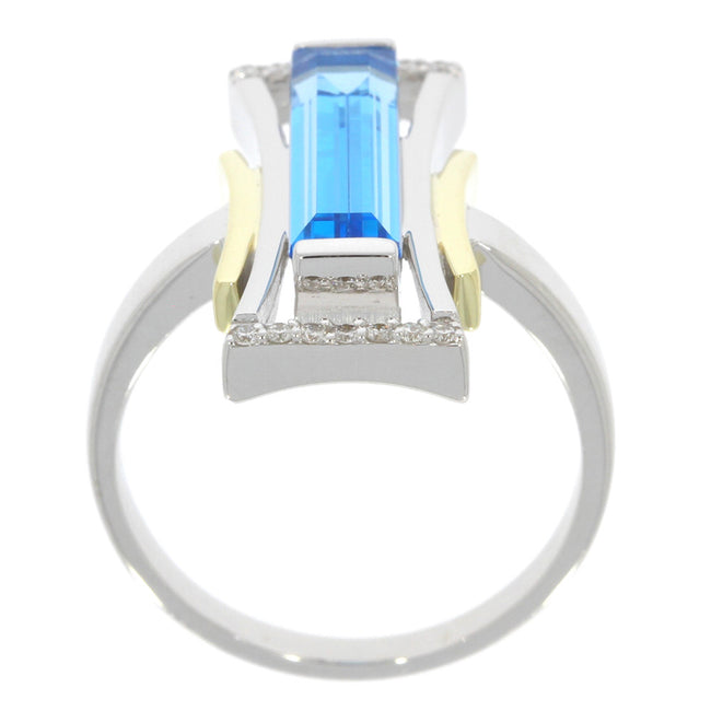 14K White and Yellow Gold Emerald Cut Blue Topaz Ring, and Prong Set Diamond Accents