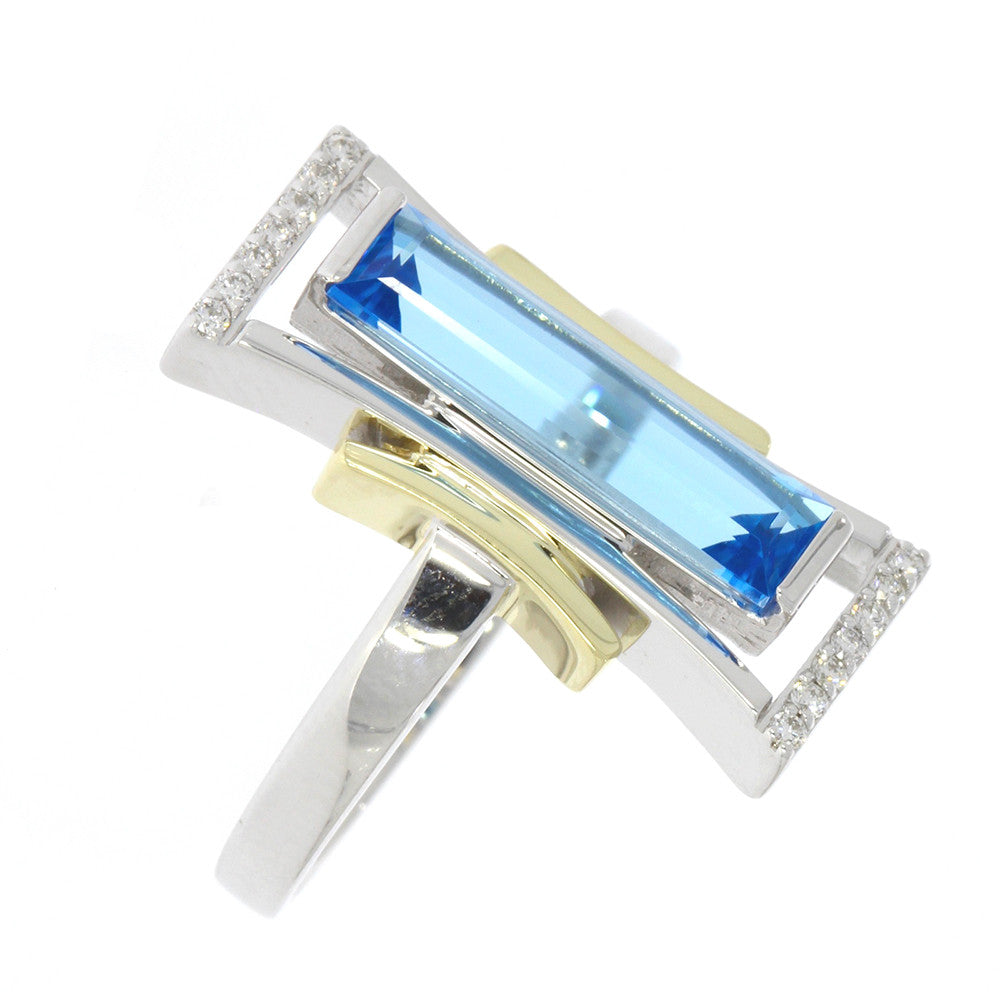 14K White and Yellow Gold Emerald Cut Blue Topaz Ring, and Prong Set Diamond Accents