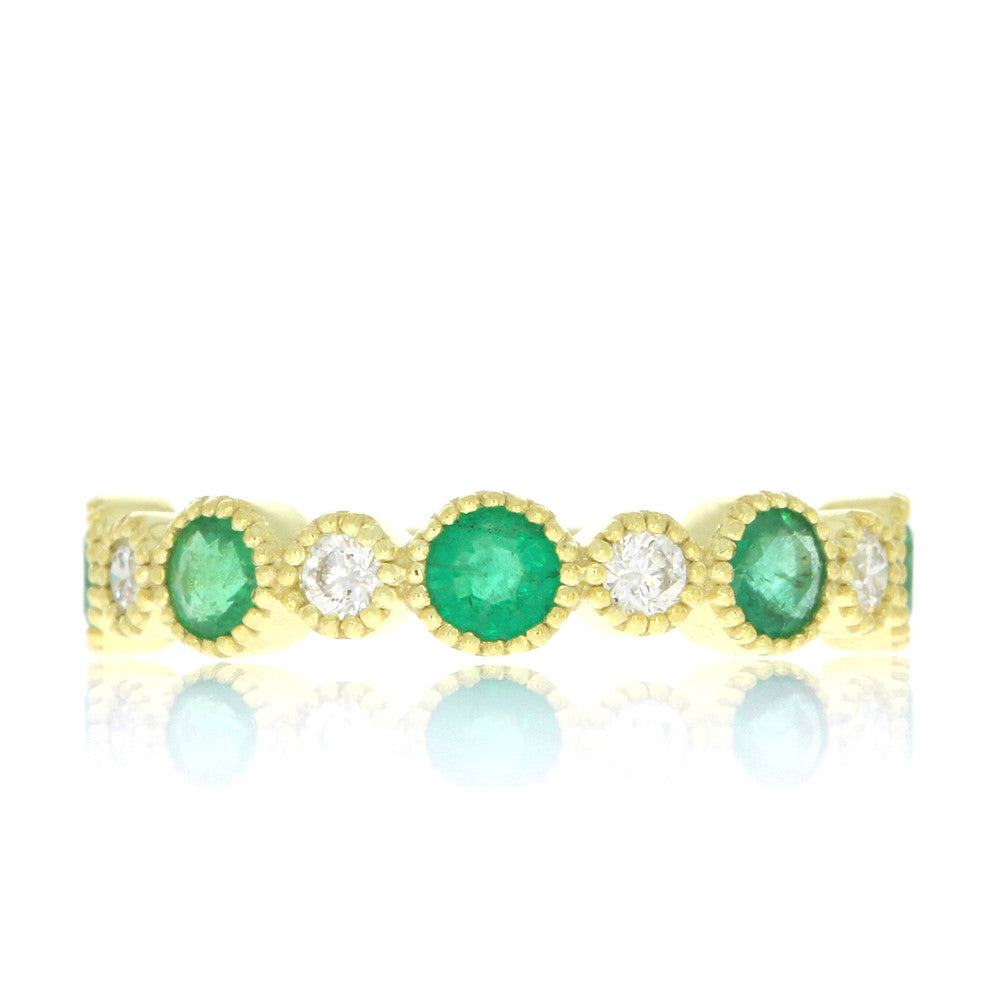 14K Yellow Gold Alternating Bezel Set Emerald and Diamond Band, with Milgrain Detailing