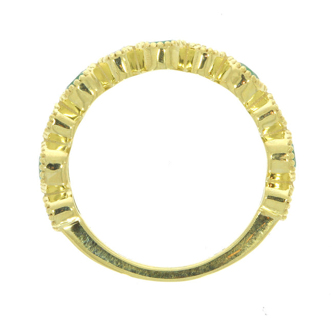 14K Yellow Gold Alternating Bezel Set Emerald and Diamond Band, with Milgrain Detailing