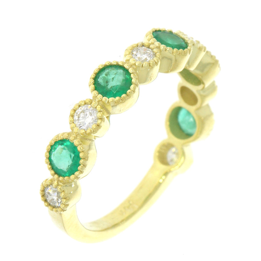 14K Yellow Gold Alternating Bezel Set Emerald and Diamond Band, with Milgrain Detailing