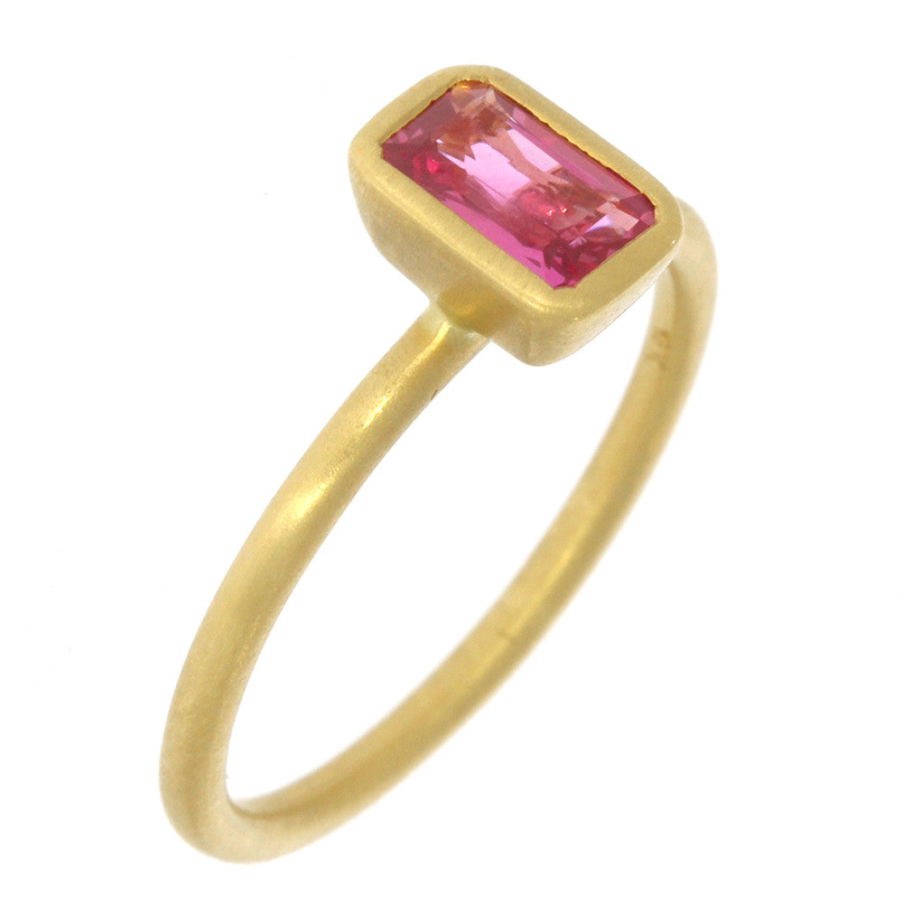18K Yellow Gold and Bezel Set Emerald Cut Pink Sapphire Yumdrop Ring
