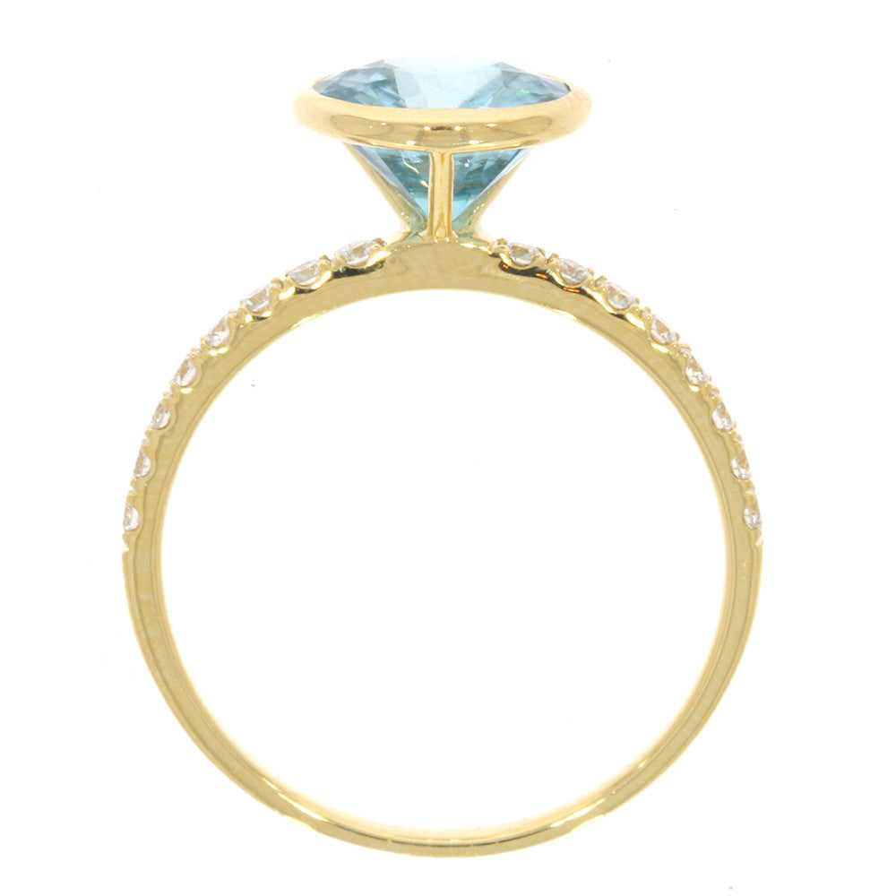 18K Yellow Gold Bezel Set Round Mochi Blue Zircon Solitaire Ring