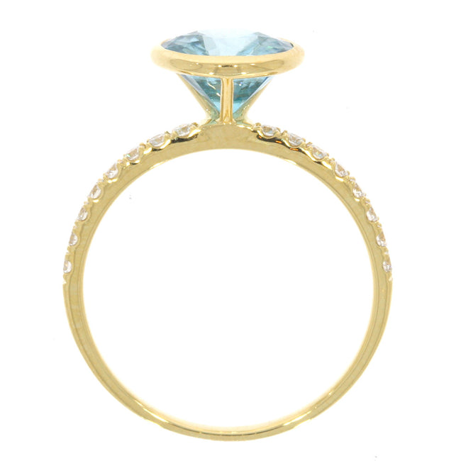 18K Yellow Gold Bezel Set Round Mochi Blue Zircon Solitaire Ring