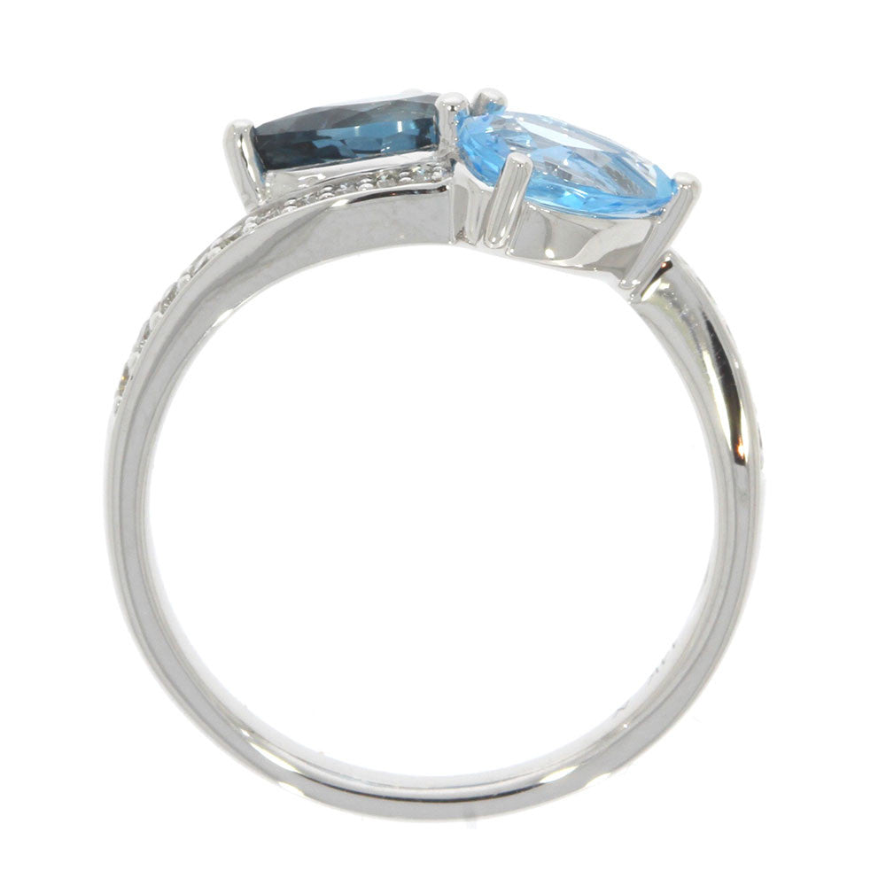 14K White Gold and Pear Shape Blue Topaz Bypass Style Ring, with Prong Set Round Diamond Accented Band