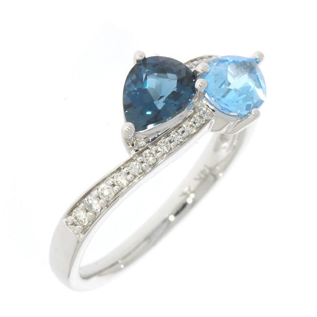 14K White Gold and Pear Shape Blue Topaz Bypass Style Ring, with Prong Set Round Diamond Accented Band