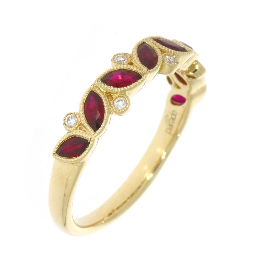 14K Yellow Gold Marquise Ruby and Diamond Bezel Set Band