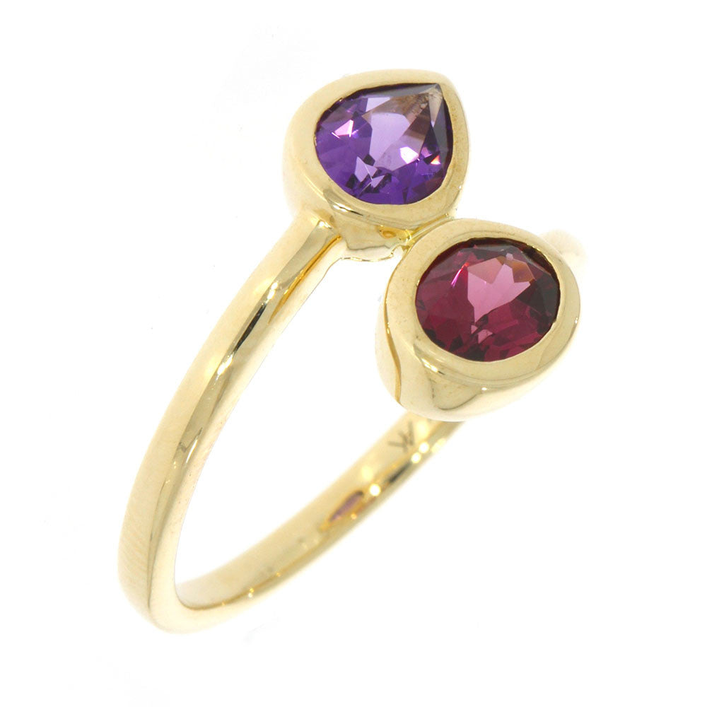 14K Yellow Gold Bezel Set Amethyst and Rhodolite Garnet Bypass Ring