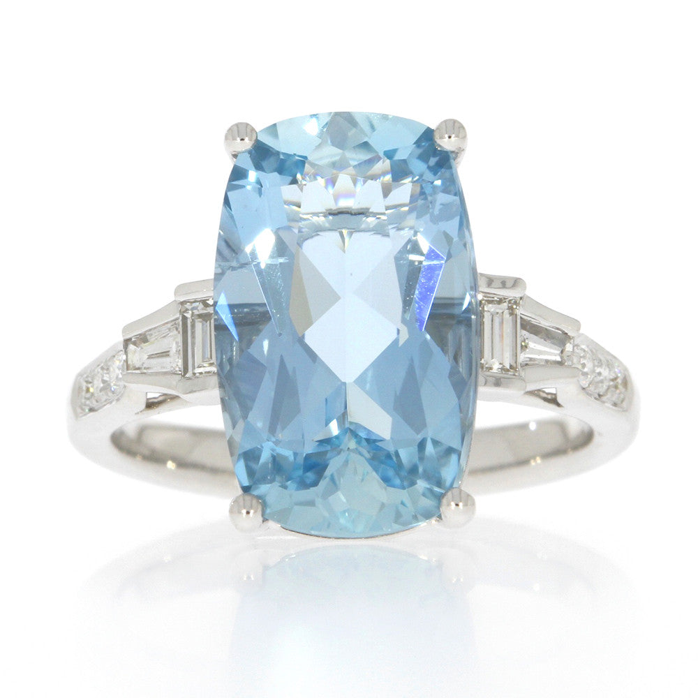 14K White Gold Aquamarine and Diamond Five Stone Ring, with Diamond Accented Band