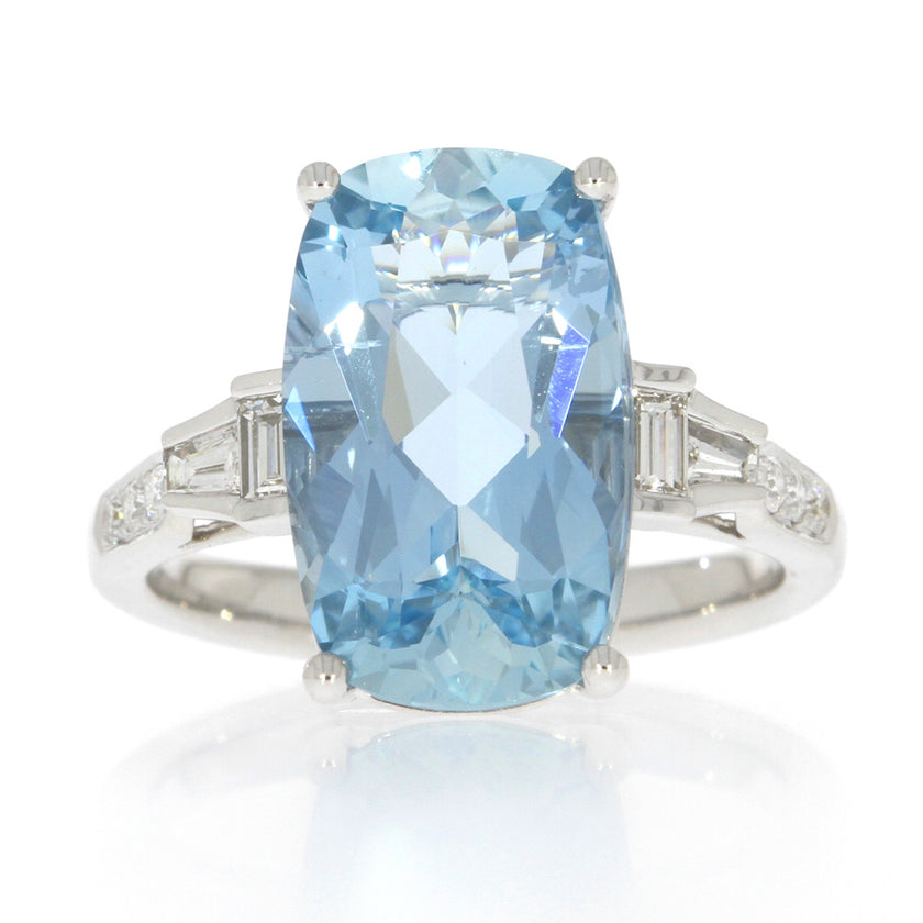 14K White Gold Aquamarine and Diamond Five Stone Ring, with Diamond Accented Band
