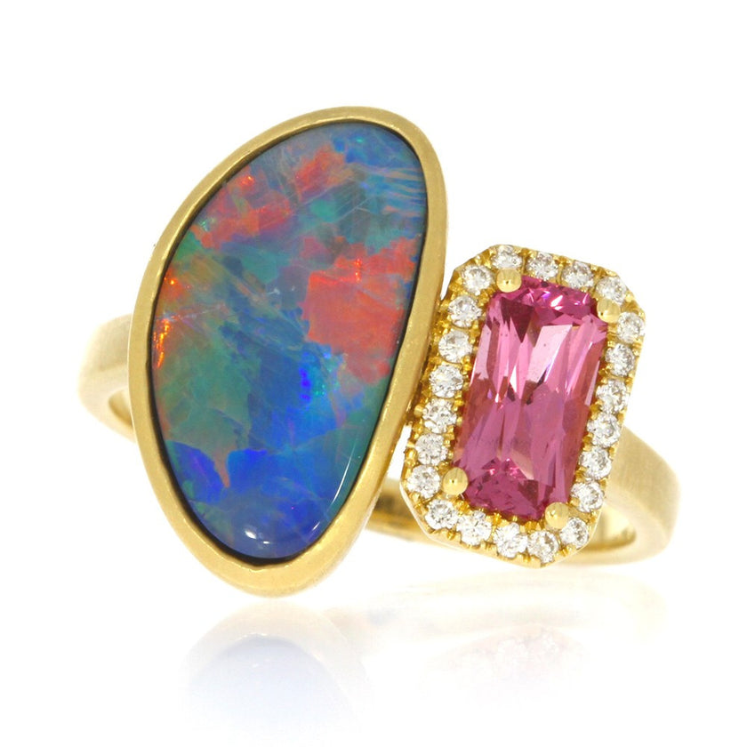 18K Yellow Gold Bezel Set Opal and Prong Set Pink Spinel Ring, with Diamond Halo Accents