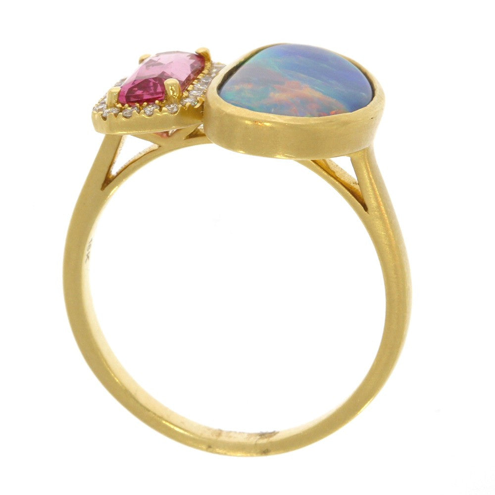 18K Yellow Gold Bezel Set Opal and Prong Set Pink Spinel Ring, with Diamond Halo Accents