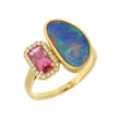 18K Yellow Gold Bezel Set Opal and Prong Set Pink Spinel Ring, with Diamond Halo Accents