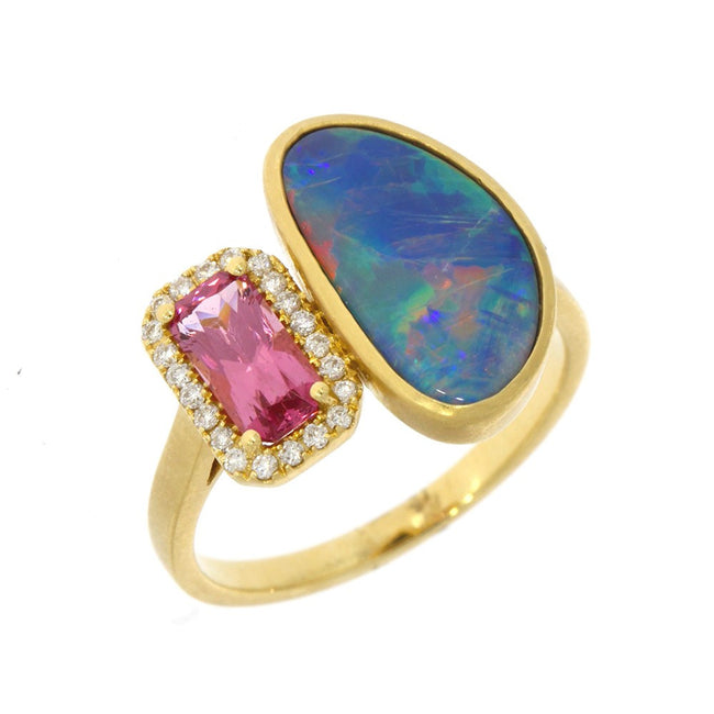 18K Yellow Gold Bezel Set Opal and Prong Set Pink Spinel Ring, with Diamond Halo Accents