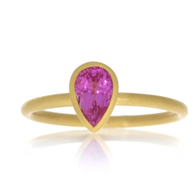 18K Yellow Gold and Bezel Set Pear Shape Pink Sapphire Yumdrop Ring