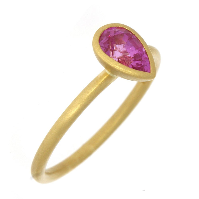 18K Yellow Gold and Bezel Set Pear Shape Pink Sapphire Yumdrop Ring