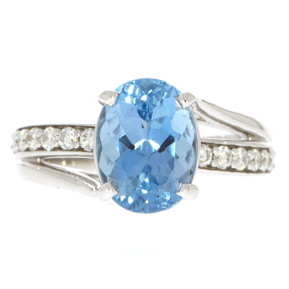 14K White Gold Oval Aquamarine and Diamond Bypass Ring